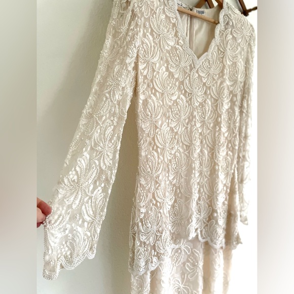 Vintage Ivory Beaded Lace Shift Overlay Dress 80s Wedding Formal Evening - Picture 1 of 11
